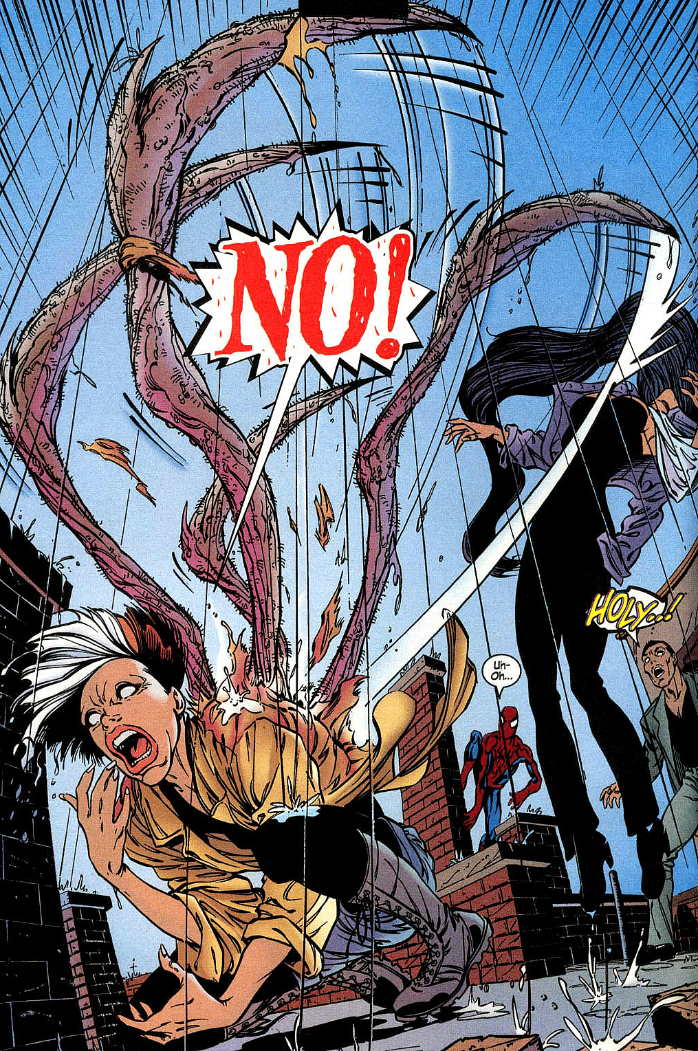 Mattie Franklin acquires actual Spider-powers in Spider-Woman Vol. 3 #1 "Spider Spider" (1999), Marvel Comics. Words by John Byrne, art by Bart Sears, Randy Elliott, Raymond Kryssing, and Steve Oliff.