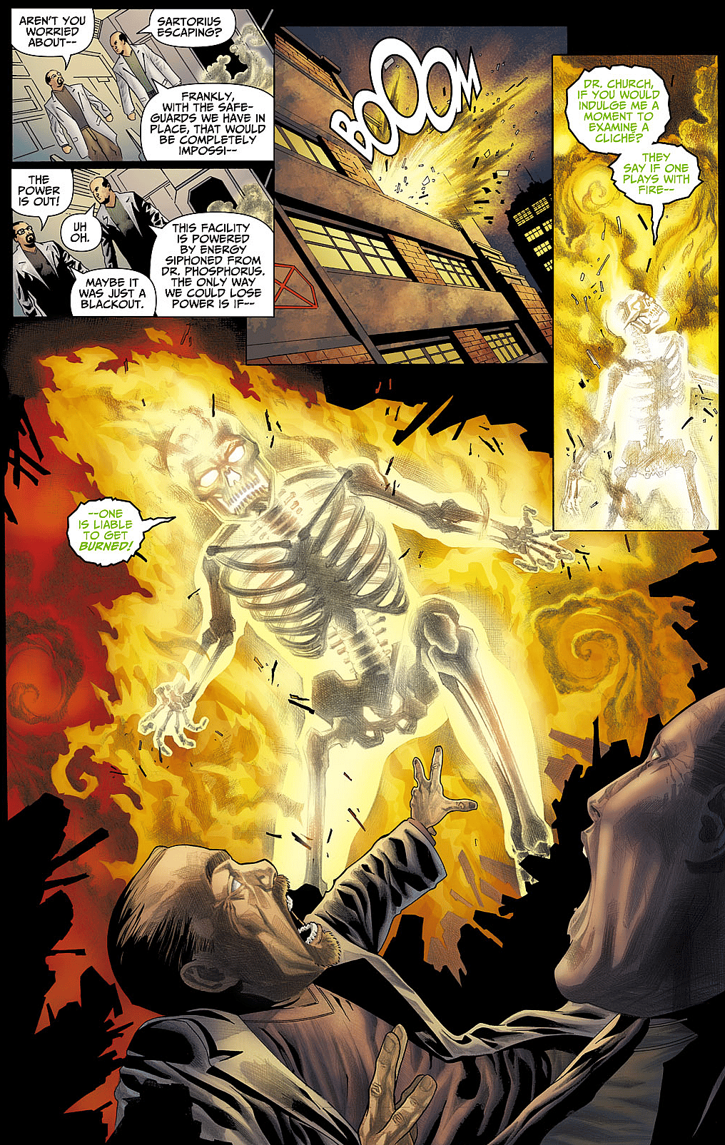 Doctor Phosphorous makes his escape in Detective Comics Vol. 1 #825 "The Return of Doctor Phosphorous" (2007), DC. Words by Royal McGraw, art by Marcos Marz, Luciana del Negro, John Kalisz, and Jared K. Fletcher.