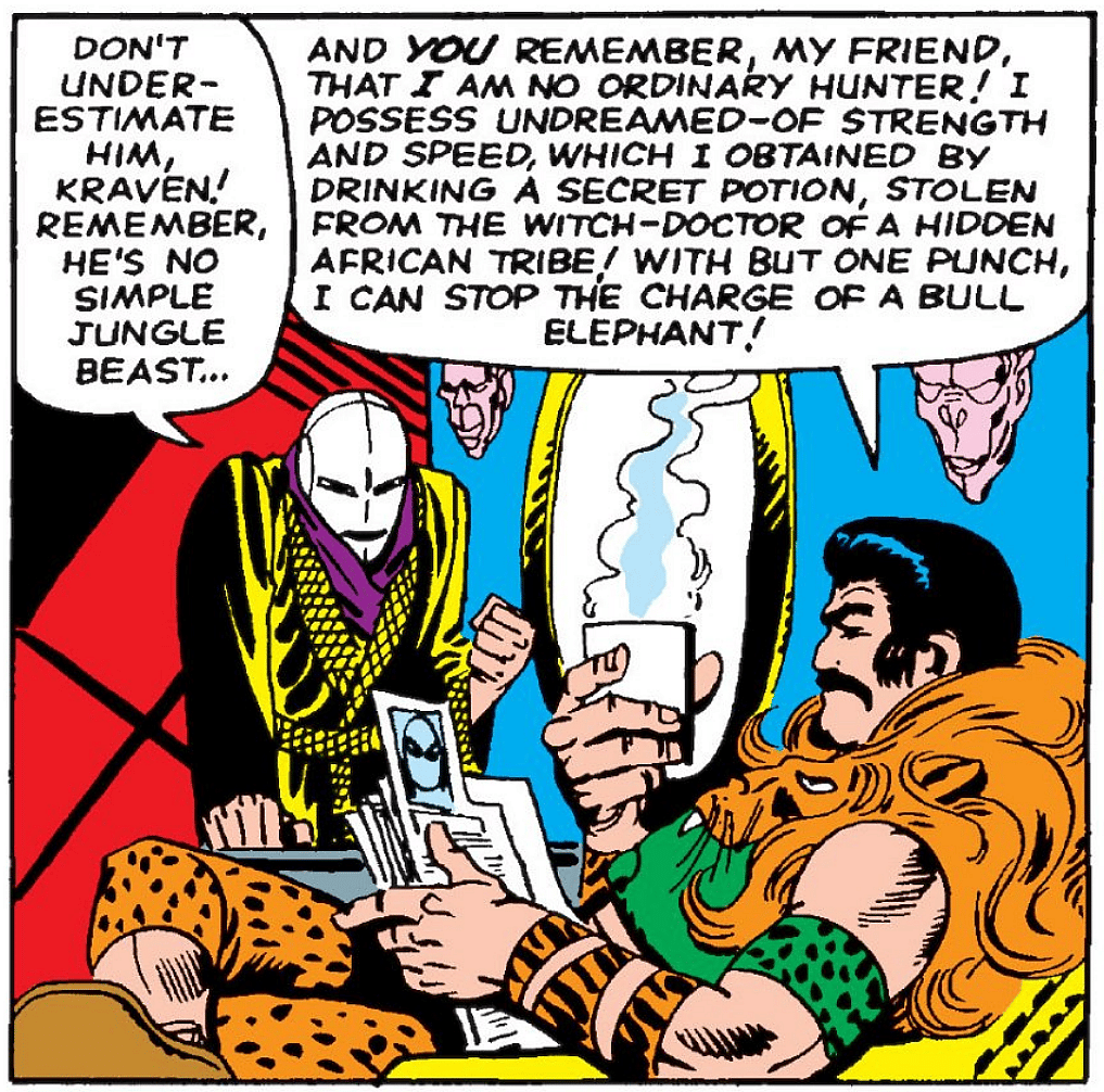 Kraven reminds The Chameleon of his powerset in Amazing Spider-Man Vol. 1 #15 "Kraven the Hunter!" (1964), Marvel Comics. Words by Stan Lee, art by Steve Ditko and Artie Simek.