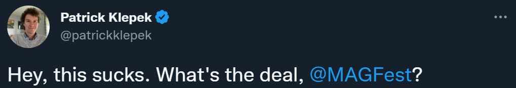 Patrick Klepek objects to Super Magfest 2023's joke about Kotaku via Twitter