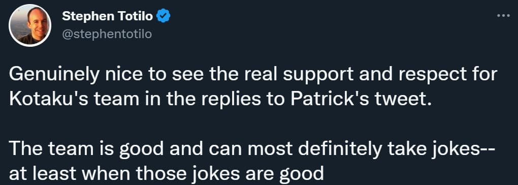 Stephen Totilo shows delight that some had agreed with Patrick Klepek's objection to MAGFest's Kotaku joke via Twitter