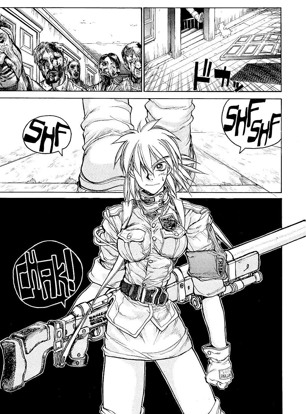 Seras Victorias practices with her newly acquired vampire abilities in Hellsing Ch. 4 "Sword Dancer 1" (1998), Shōnen Gahōsha