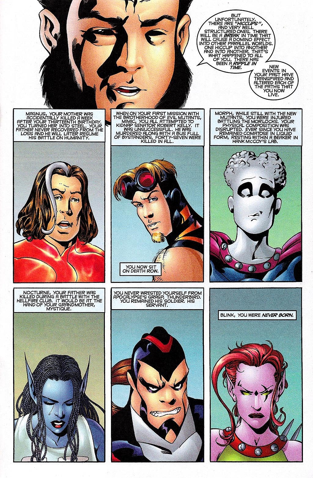 The Time Broker explains just how each Exile has become 'unstuck from time' in Exiles Vol. 1 #1 "Down The Rabbit Hole" (2001), Marvel Comics. Words by Judd Winnick, art by Mickl McKone, Mark McKenna, Jung Choi, and Paul Tutrone.