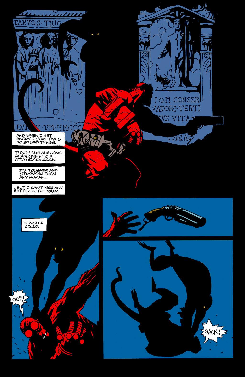 Hellboy unwisely lets his guard down in Hellboy: Seed of Destruction Vol. 1 #1 (1994), Dark Horse Comics. Words by John Byrne and Mike Mignola, art by Mike Mignola, Mark Chiarello, and Matt Hollingsworth.