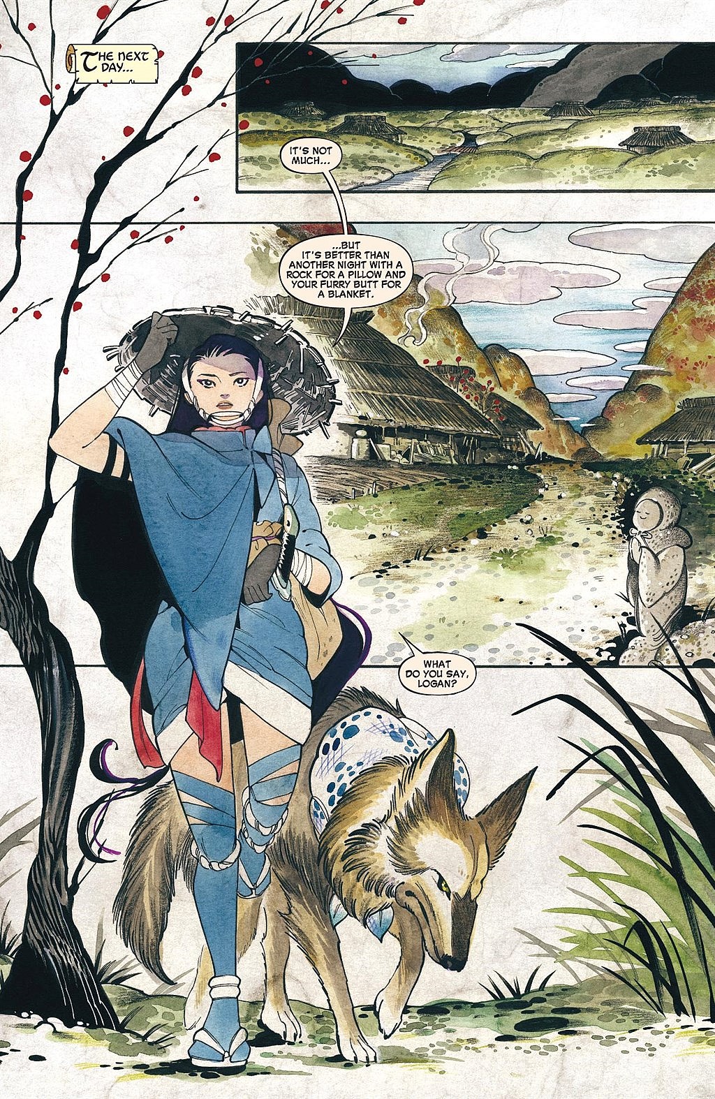 Psylocke and Logan find a place to stay for the night in Demon Days: X-Men Vol. 1 #1 "The Tale of Kirisaki Mountain" (2021), Marvel Comics. Words by Peach Momoko and Zack Davisson, art by Peach Momoko and Ariana Maher