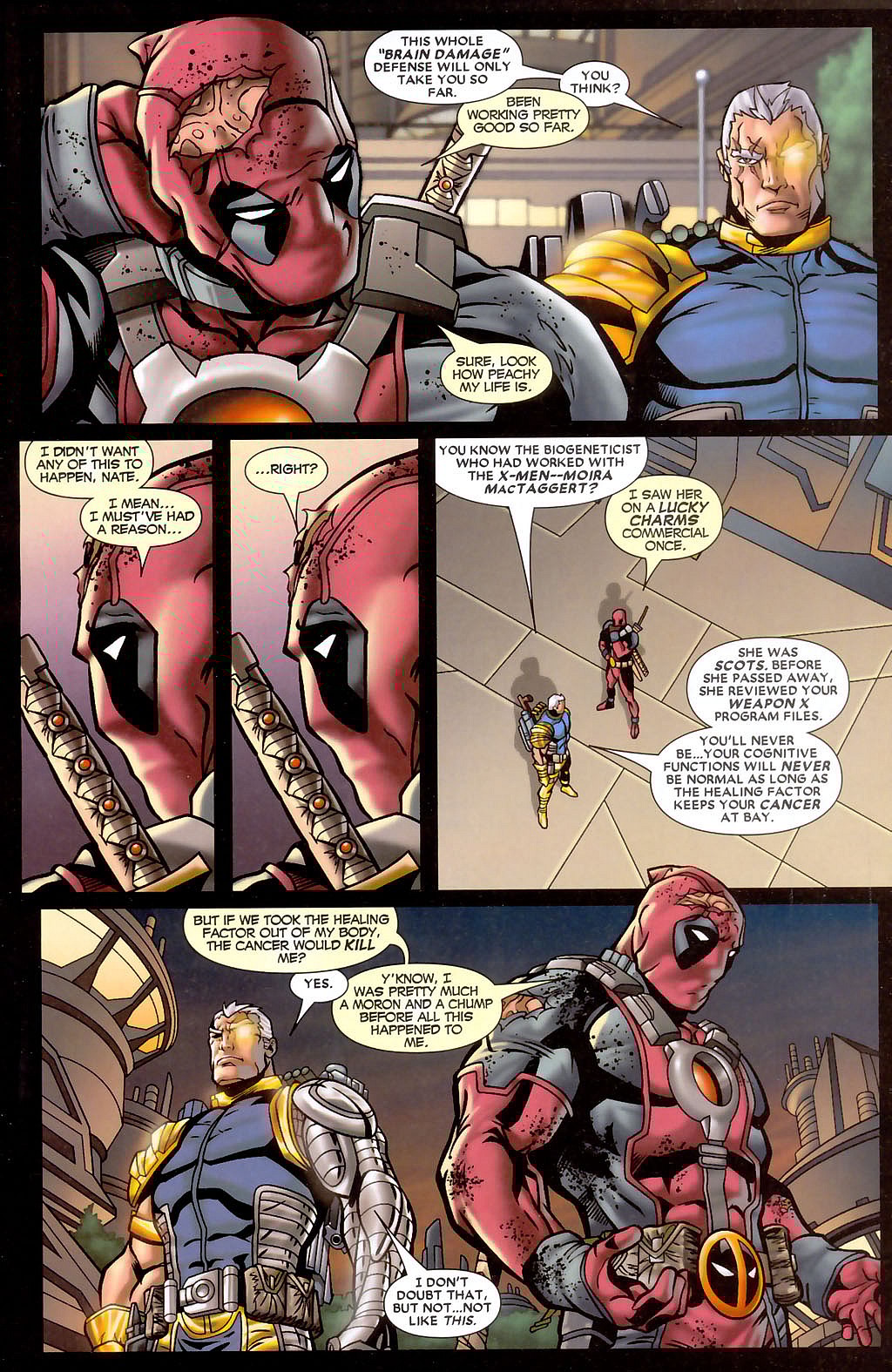 Nathan tells Wade the truth about his condition in Cable & Deadpool Vol. 1 #14 "A Murder in Paradise, Part Two: Don't Ask, Don't Tell" (2005), Marvel Comics. Words by Fabian Nicieza, art by Patrick ZIrcher, M3th, Gotham, and Cory Petit.