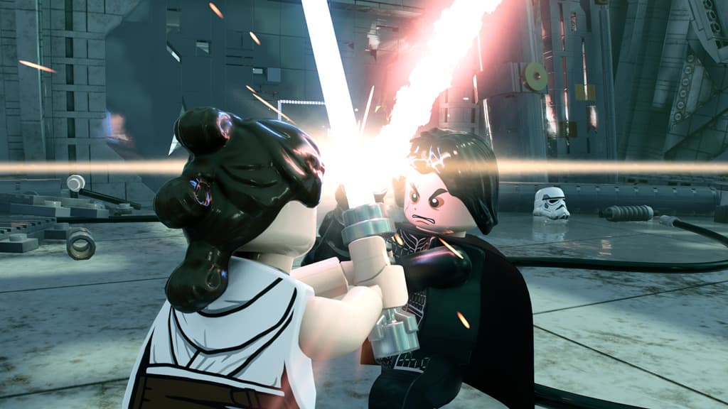 Rey (Helen Sadler) takes on Kylo Ren (Matthew Wood) in Lego Star Wars: The Skywalker Saga (2022), TT Games