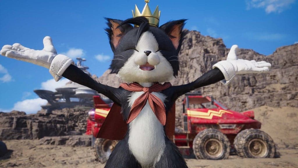 Cait Sith (Hidero Ishikawa) arrives with a new, desert-travel-ready ride in Final Fantasy VII Rebirth (2023), Square Enix