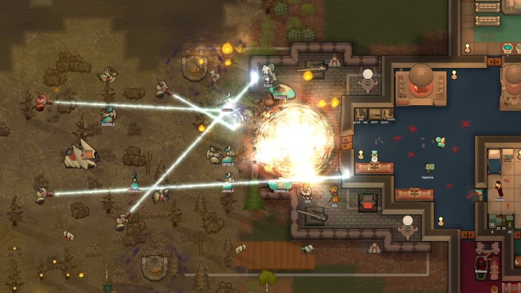 Raiders attack a base in RimWorld (2018), Ludeon Studios