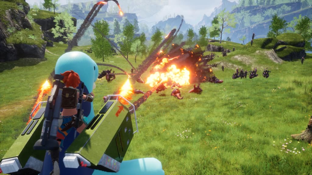 Relaxaurus blasts a pack of Leezpunk with its missiles in Palworld (2024), Pocketpair