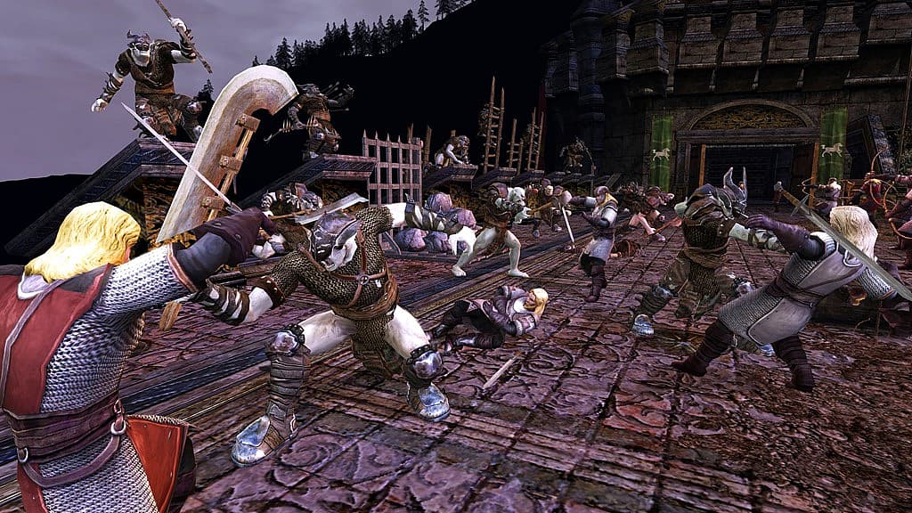 Humans fight Orcs on castle walls in The Lord of the Rings Online: Helm's Deep (2013), Daybreak