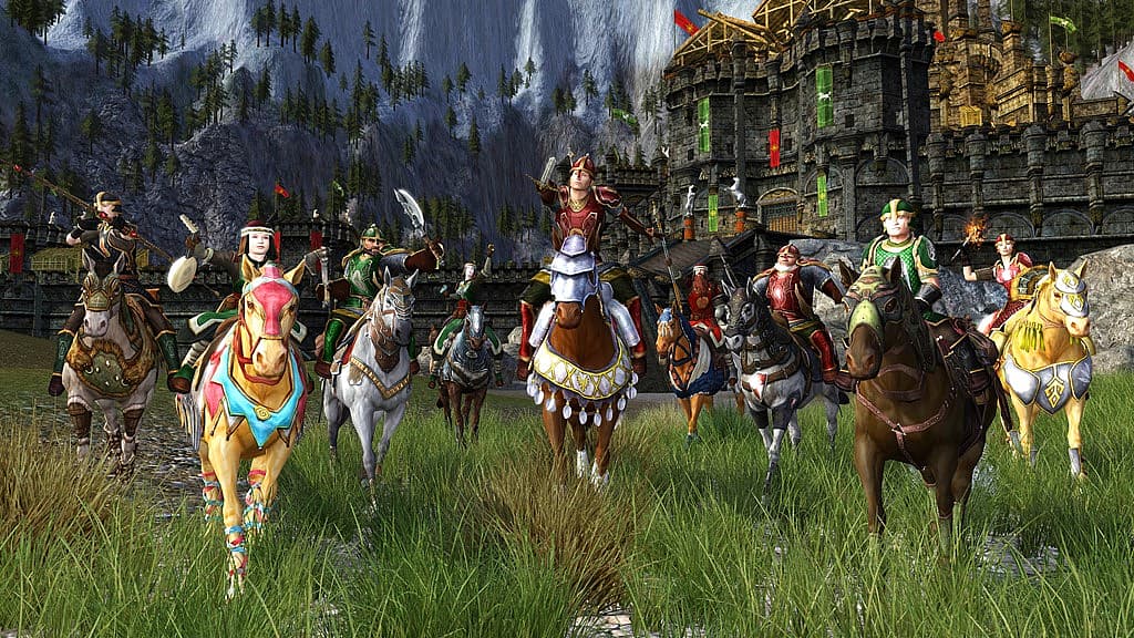 Player classes on horseback outside castle in The Lord of the Rings Online: Helm's Deep (2013)