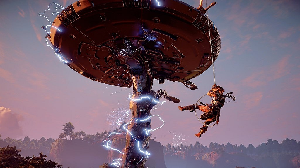Aloy (Ashly Burch) attempts to fell a Tallneck in Horizon Zero Dawn (2017), Sony Interactive Entertainment
