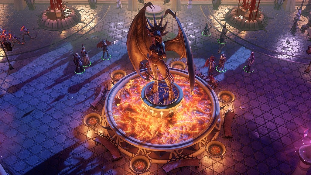 The heroes stand before a statue of a succubus via Pathfinder: Wrath of the Righteous (2021), META Publishing