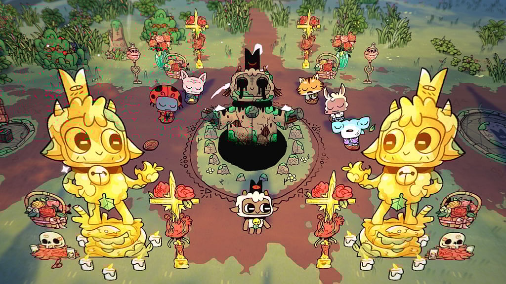 The Lamb looks out on his graven images in Cult of the Lamb (2022), Devolver Digital