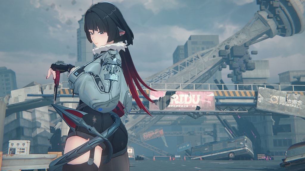 Jane Doe (Shimamura Yū) fiddles with her tail and dagger in Zenless Zone Zero (2024), Cognosphere