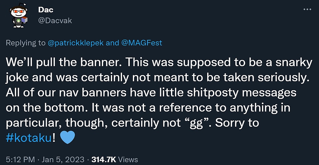 Dac Croach confirms the joke sign will be taken down at Super MAGFest 2023, and apologizes to Kotaku via Twitter