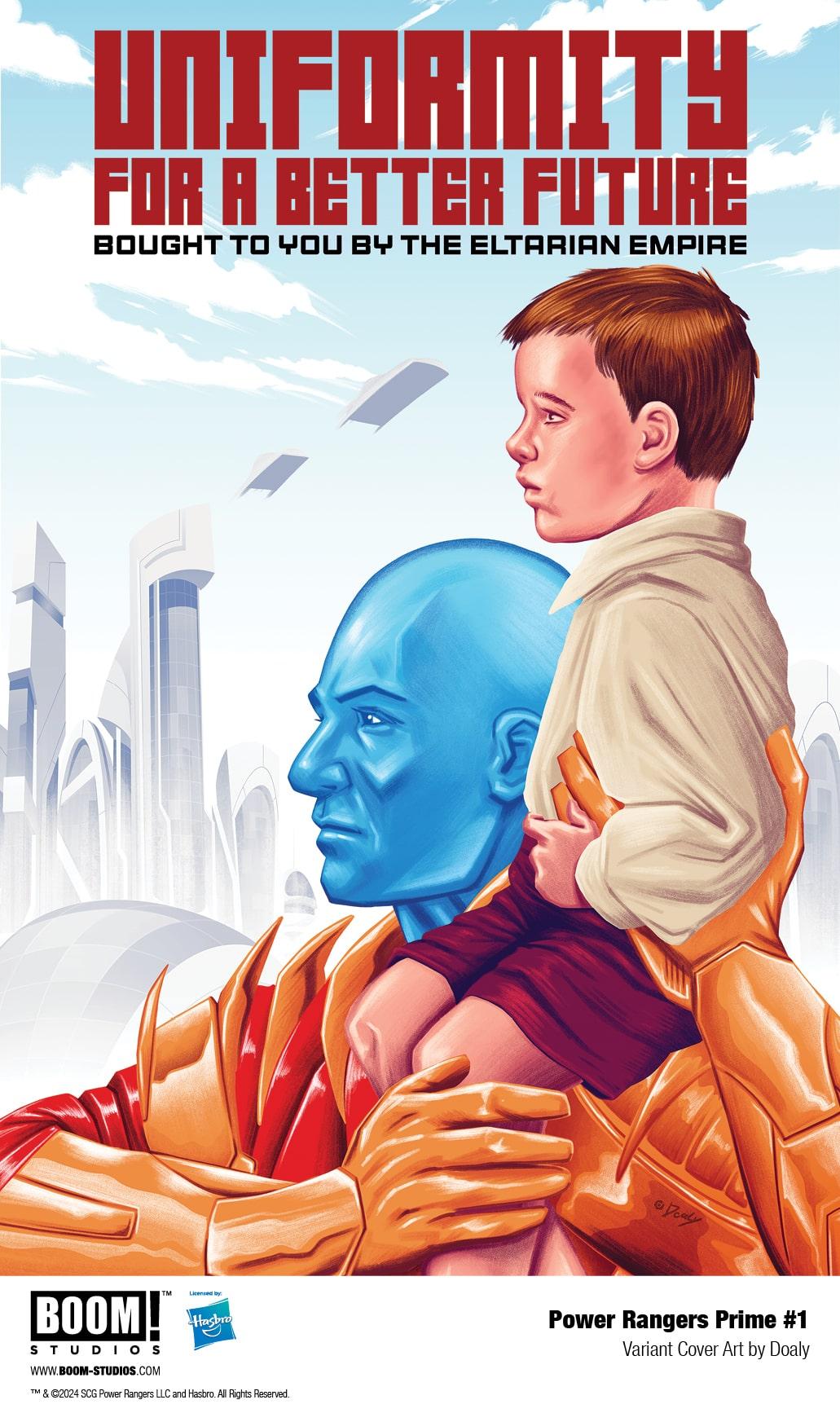 A piece of Eltarian propaganda graces Doaly's cover to Power Rangers Prime Vol. 1 #1 (2024), BOOM! Studios