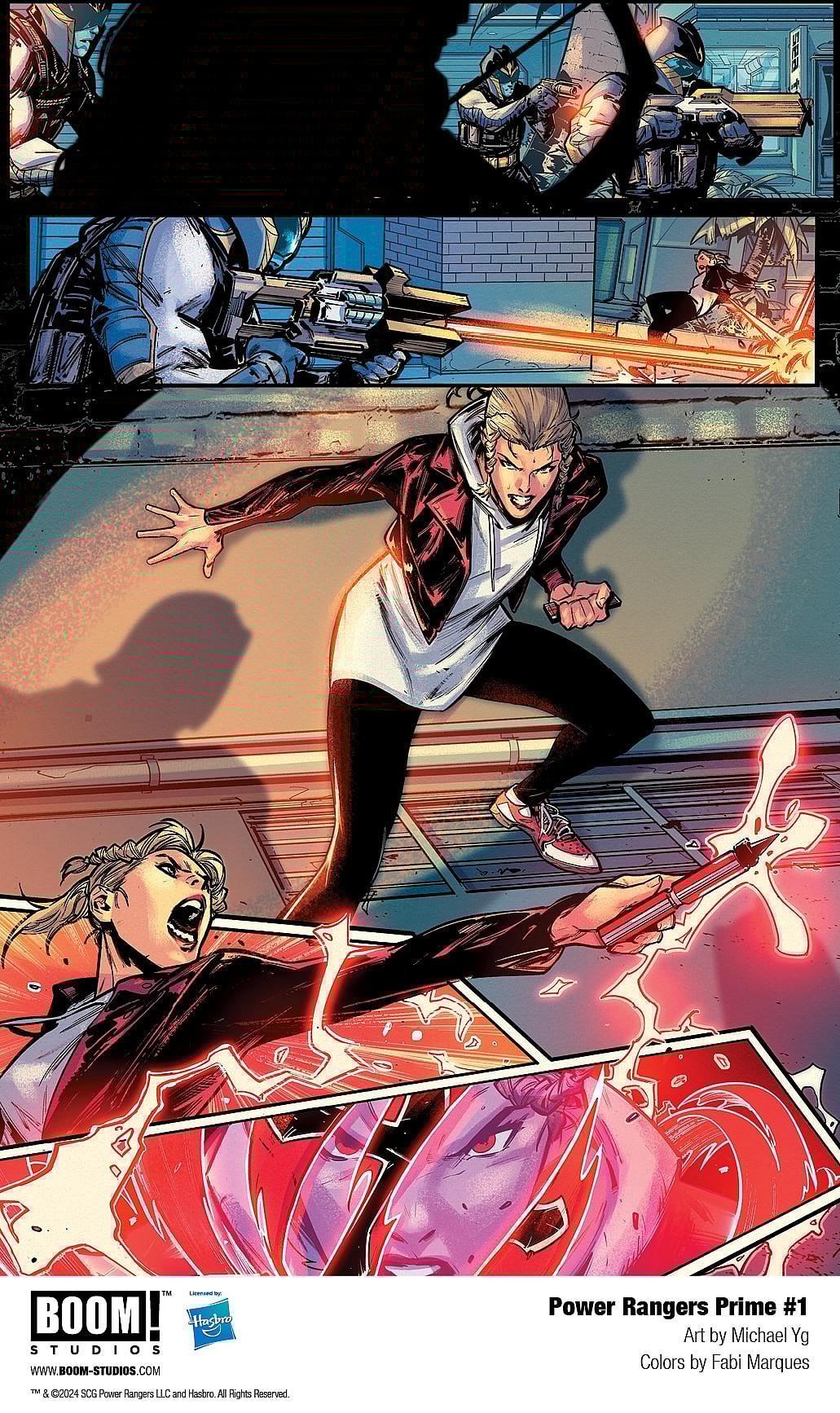 Lauren Shiba attempts to transform in Power Rangers Prime Vol. 1 #1 (2024), BOOM! Studios. Words by Melissa Flores, art by Michael Yg and Fabi Marques.