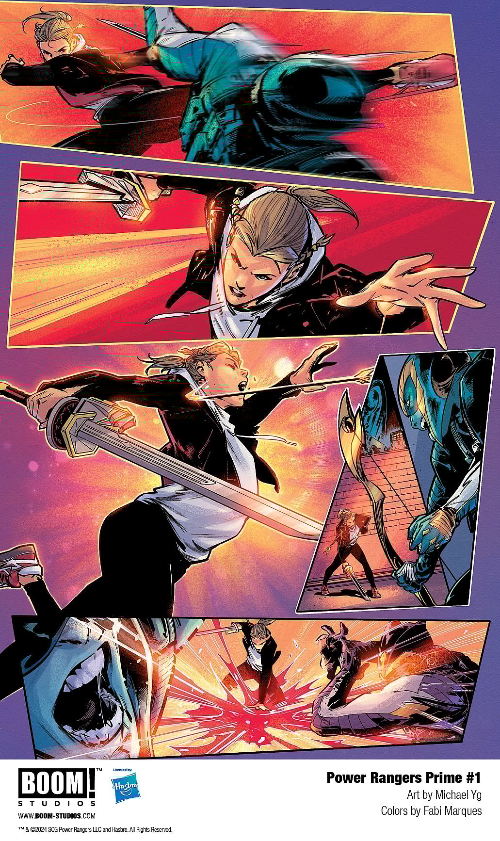 A powerless Lauren Shiba takes on a group of Eltarian soldiers in Power Rangers Prime Vol. 1 #1 (2024), BOOM! Studios. Words by Melissa Flores, art by Michael Yg and Fabi Marques.