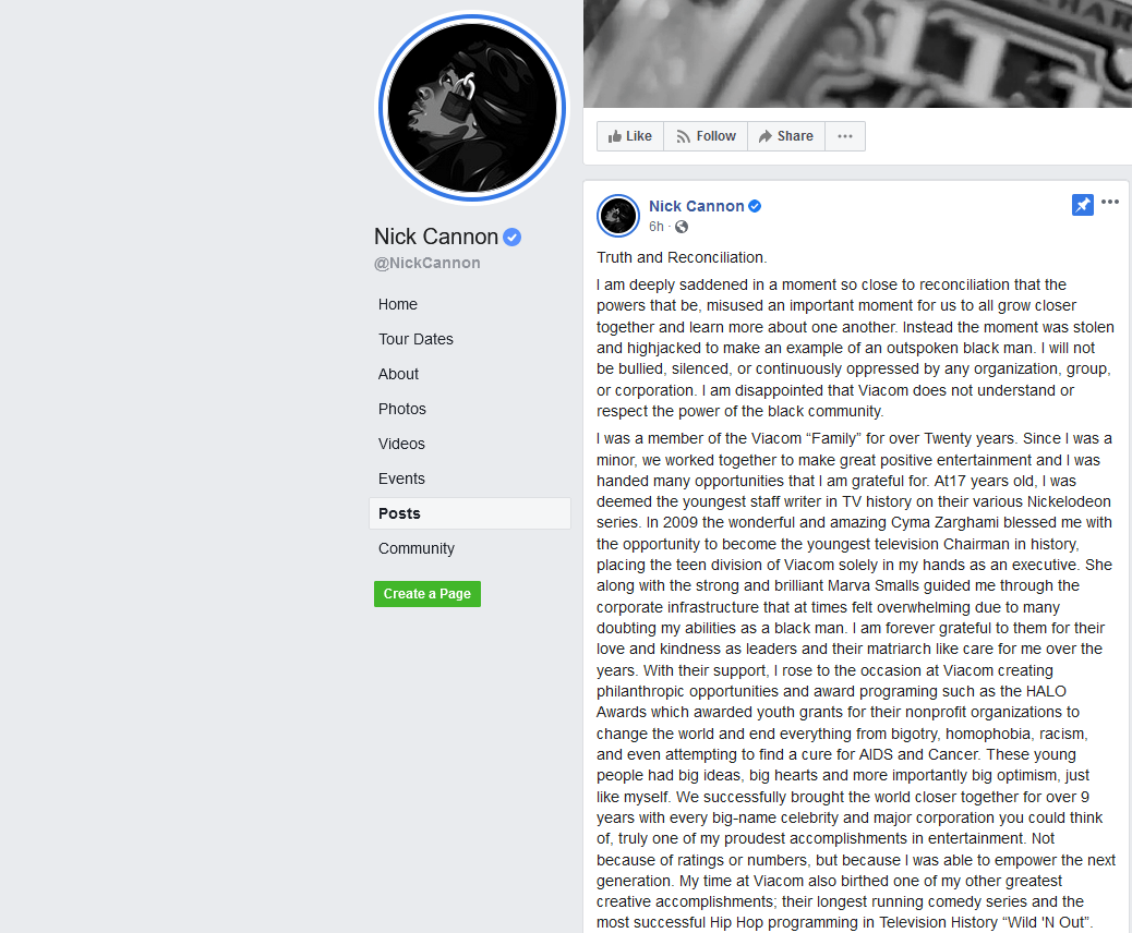 Nick Cannon Facebook reponse 1