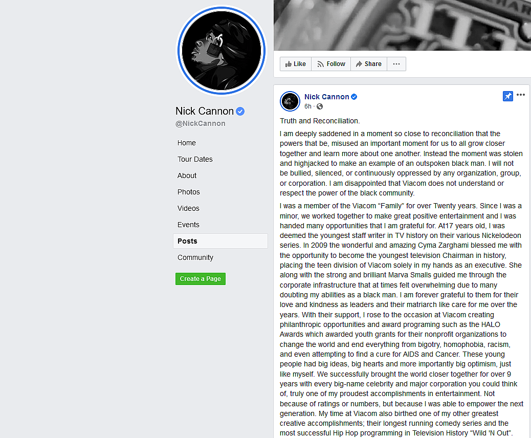 Nick Cannon Facebook reponse 1