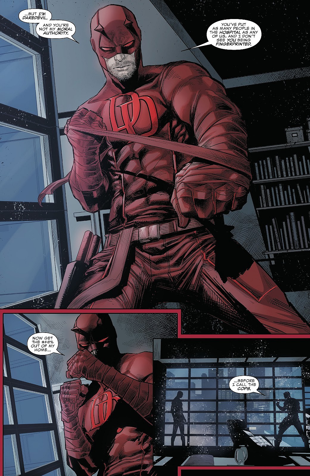 Daredevil has had enough of Spider-Man in Daredevil Vol. 6 #21 "Truth/Dare: Part 1" (2020), Marvel Comics. Words by Chip Zdarsky, art by Marco Checchetto, Mattia Iacono, and Clayton Cowles via digital issue