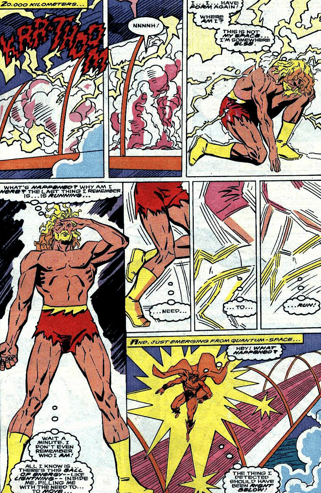A strange, scarlet-clad speedster bolts into the 616 from across the multiverse in Quasar Vol. 1 #17 "Reborn to Run" (1990), Marvel Comics. Words by Mark Gruenwald, art by Mike Manley, Paul Becton, and Janice Chiang.