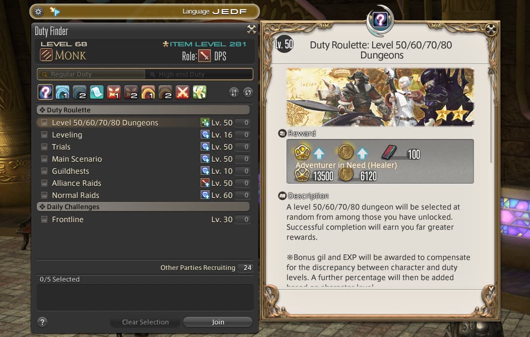 The Duty Finder menu in Final Fantasy XIV: Endwalker (2021), Square Enix