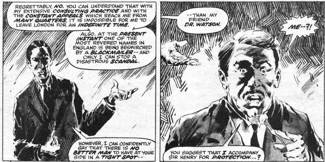 Doctor Watson is assigned to investigate the Merripit House in Marvel Previews Vol. 1 #6 "The Hound of Baskervilles Part II: First Report of Dr. Watson" (1976), Marvel Comics. Words by Arthur Conan Doyle and Dough Mench, art by Val Mayerik, P. Craig Russell, Tony DeZuniga, and Joe Rosen.