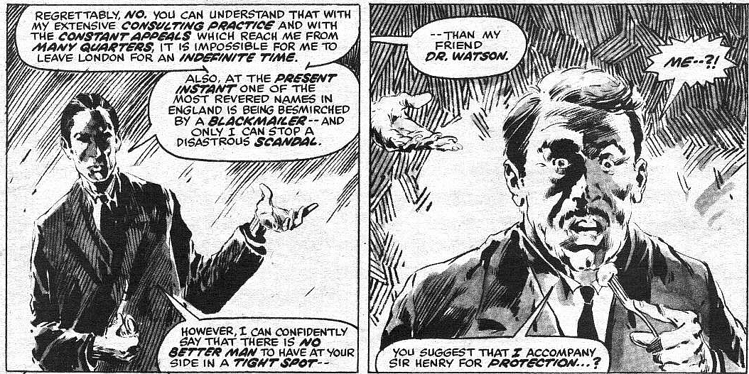 Doctor Watson is assigned to investigate the Merripit House in Marvel Previews Vol. 1 #6 "The Hound of Baskervilles Part II: First Report of Dr. Watson" (1976), Marvel Comics. Words by Arthur Conan Doyle and Dough Mench, art by Val Mayerik, P. Craig Russell, Tony DeZuniga, and Joe Rosen.