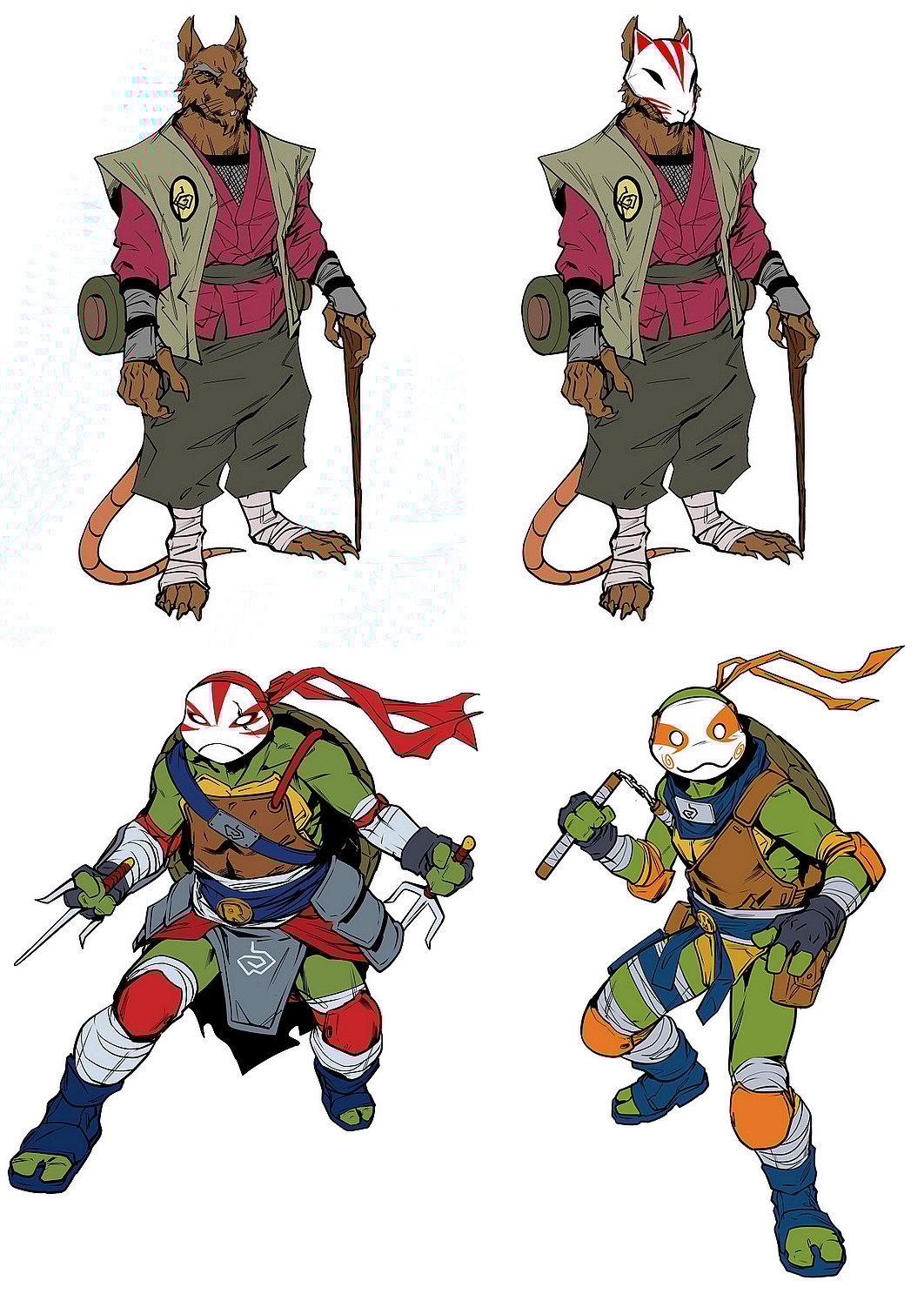 Master Splinter, Raphael, and Michelangelo's  Hidden Leaf Village design sheets as provided by Hendry Prasetya for Teenage Mutant Ninja Turtles x Naruto (2024), IDW