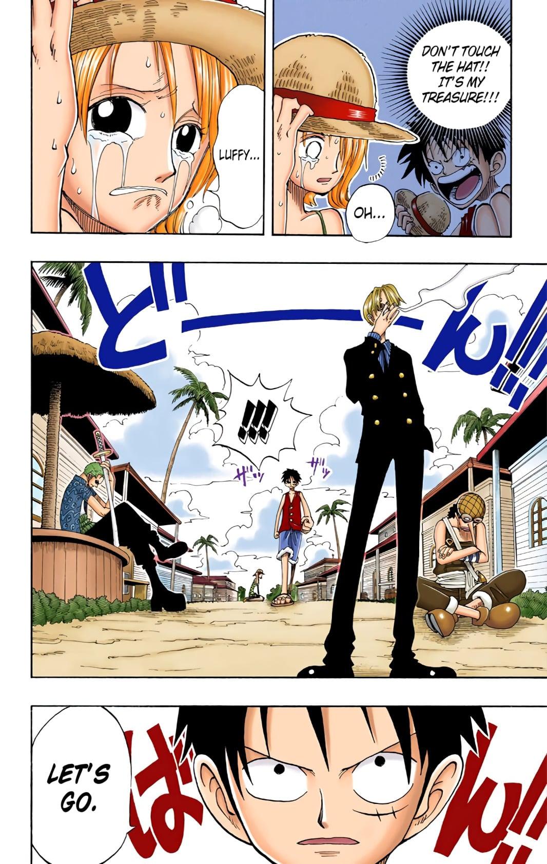 The Straw Hat Pirates set their sights on Arlong in One Piece Chapter 81 "Tears" (1999), Shueisha. Words and art by Eiichiro Oda.
