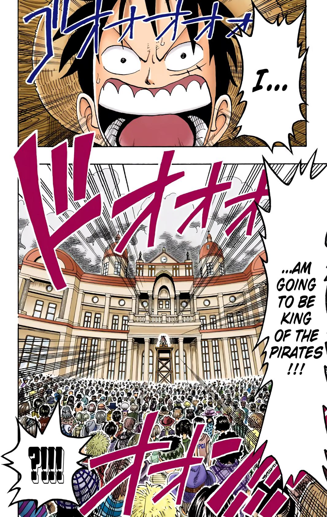 Luffy makes himself known to the world in One Piece Ch. 99 "Luffy Died" (1999), Shueisha. Words and art by Eiichiro Oda.