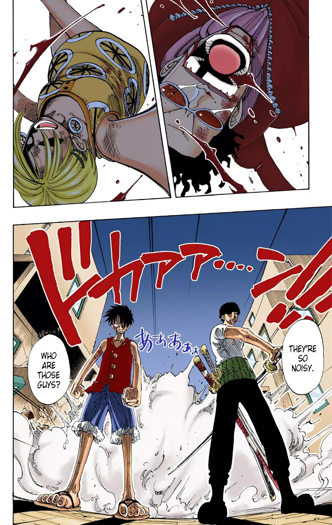 Miss Valentine and Mr. 5 are easily felled by Luffy and Zorro in One Piece Chapter 113 "It's All Right!!!" (1999), Shueisha. Words and art by Eiichro Oda.