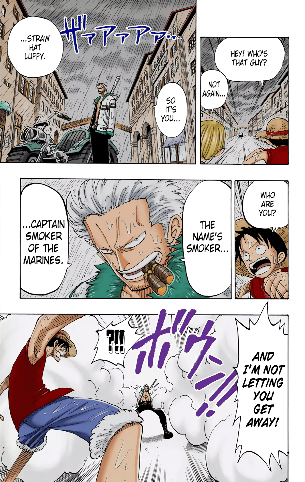 Smoker attempts to capture Luffy in One Piece Ch. 100 "The Legend Has Begun" (1999), Shueisha. Words and art by Eiichiro Oda.