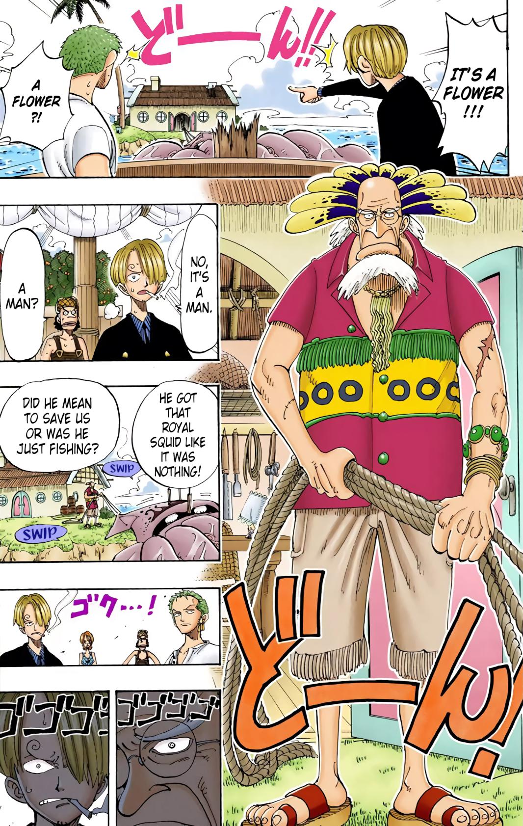 The Straw Hats make the acquaintance of Crocus in One Piece Chapter 103 "The Whale" (1999), Shueisha. Words and art by Eiichiro Oda.
