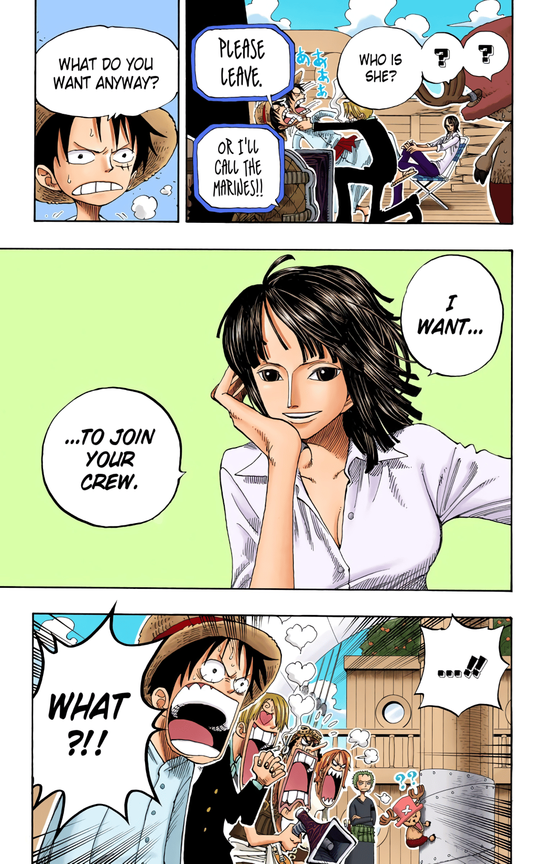 Robin has a request for Luffy in One Piece Chapter 218 "Why the Log Pose is Dome-Shaped" (2002), Shueisha. Words and art by Eiichiro Oda.