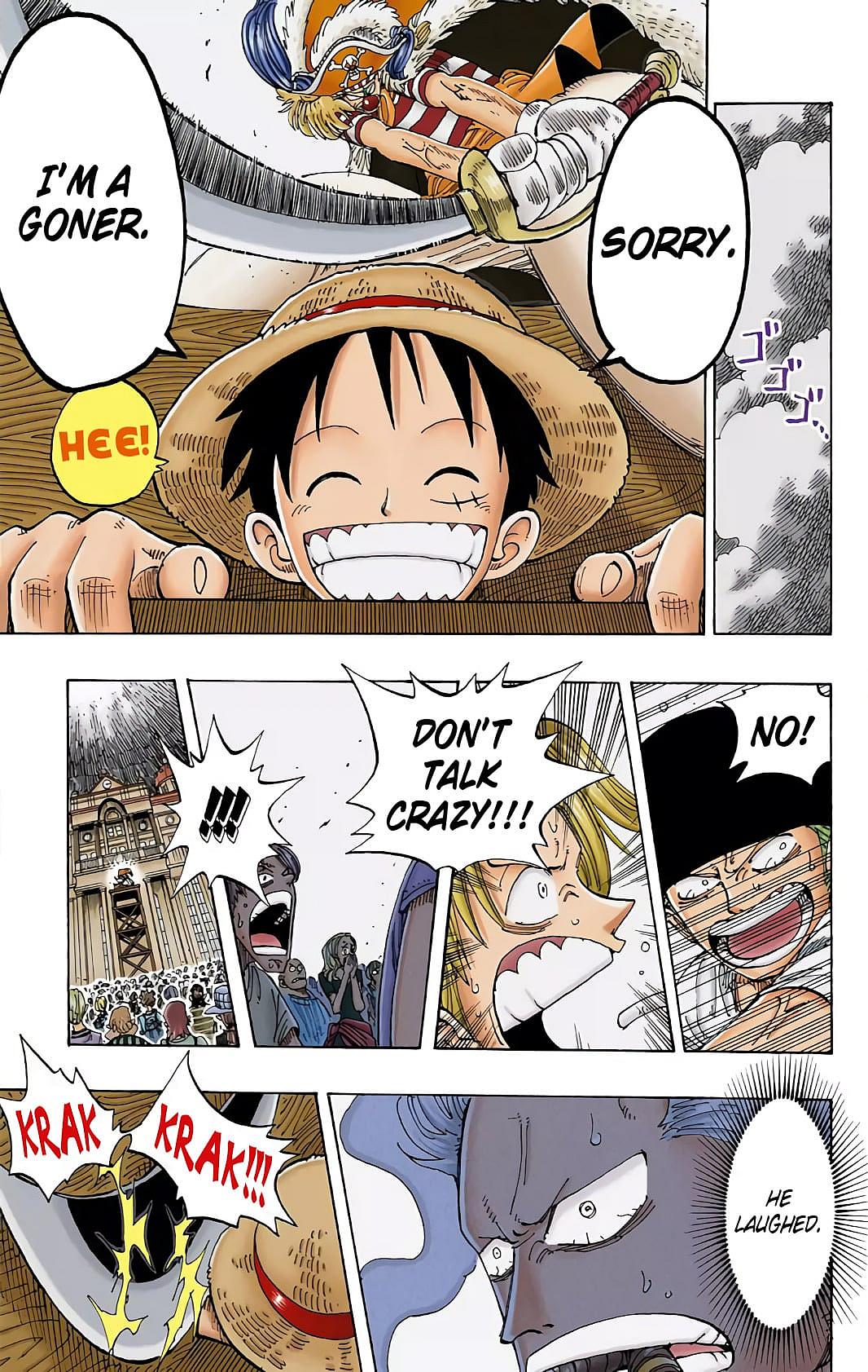 Luffy accepts his upcoming execution in One Piece Chapter 99 "Luffy Died" (1999), Shueisha