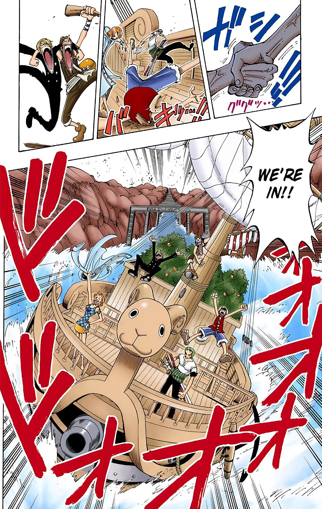 Straw Hats navigate Reverse Mountain in One Piece Ch. 101 "Reverse Mountain" (1999), Shueisha