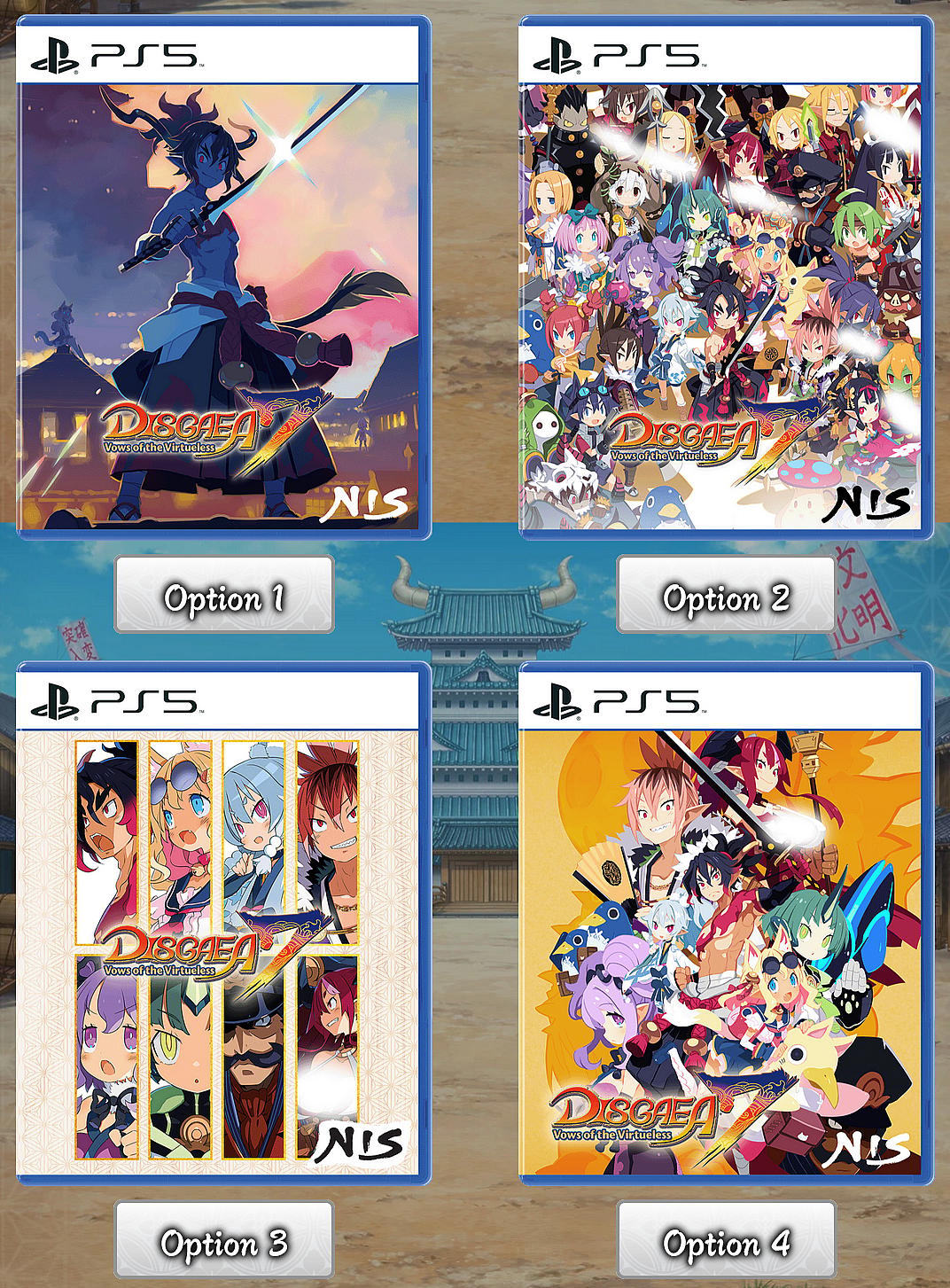 Voting options for NIS America's Disgaea 7: The Vows of the Virtueless reversible cover contest