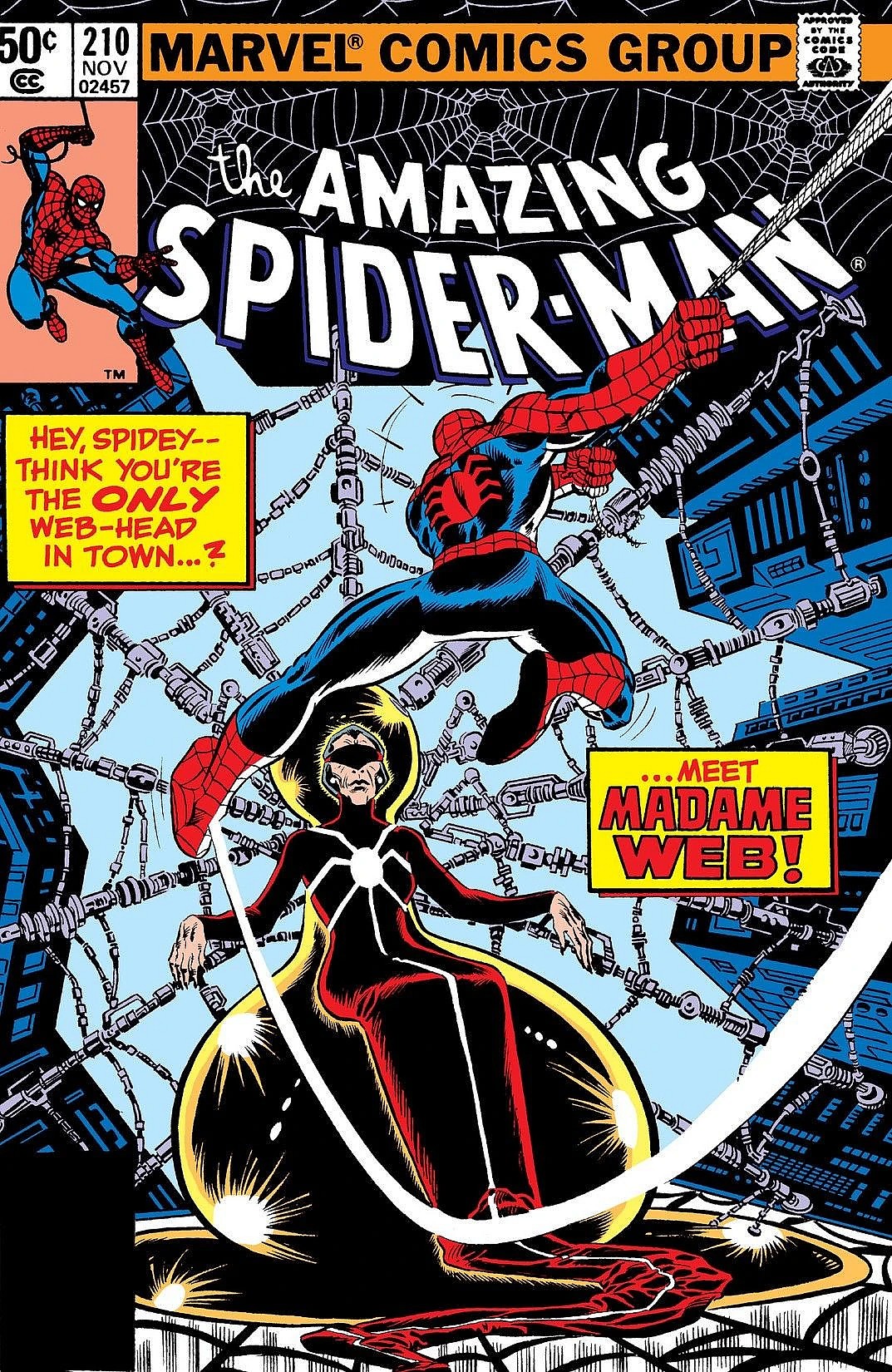 Spider-Man crosses path with Madame Web on John Romita Jr. and Allen Milgrom's cover to Amazing Spider-Man Vol. 1 #210 "The Prophecy of Madame Web!" (1980), Marvel Comics