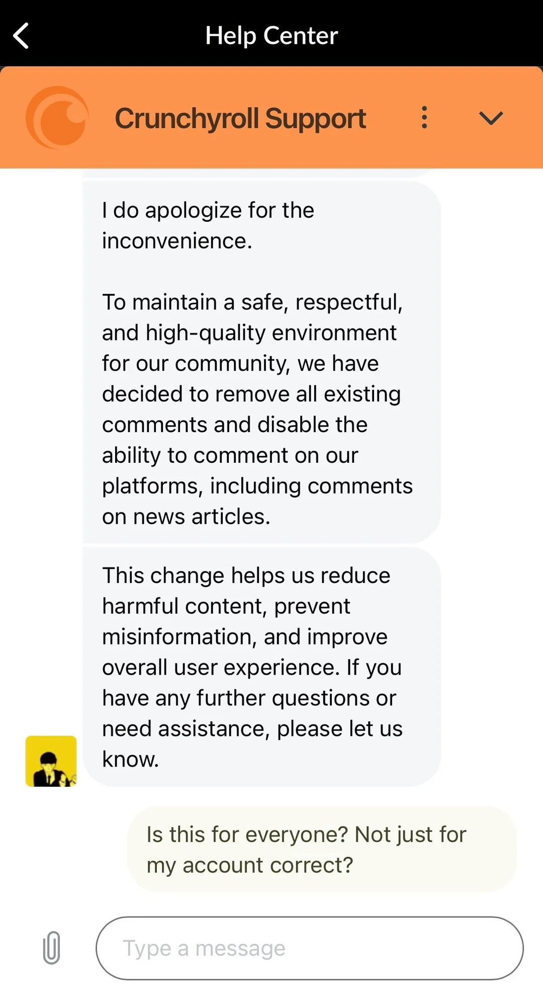 A Crunchyroll support team member confirms the site's removal of user-generated content via /u/Taoutes