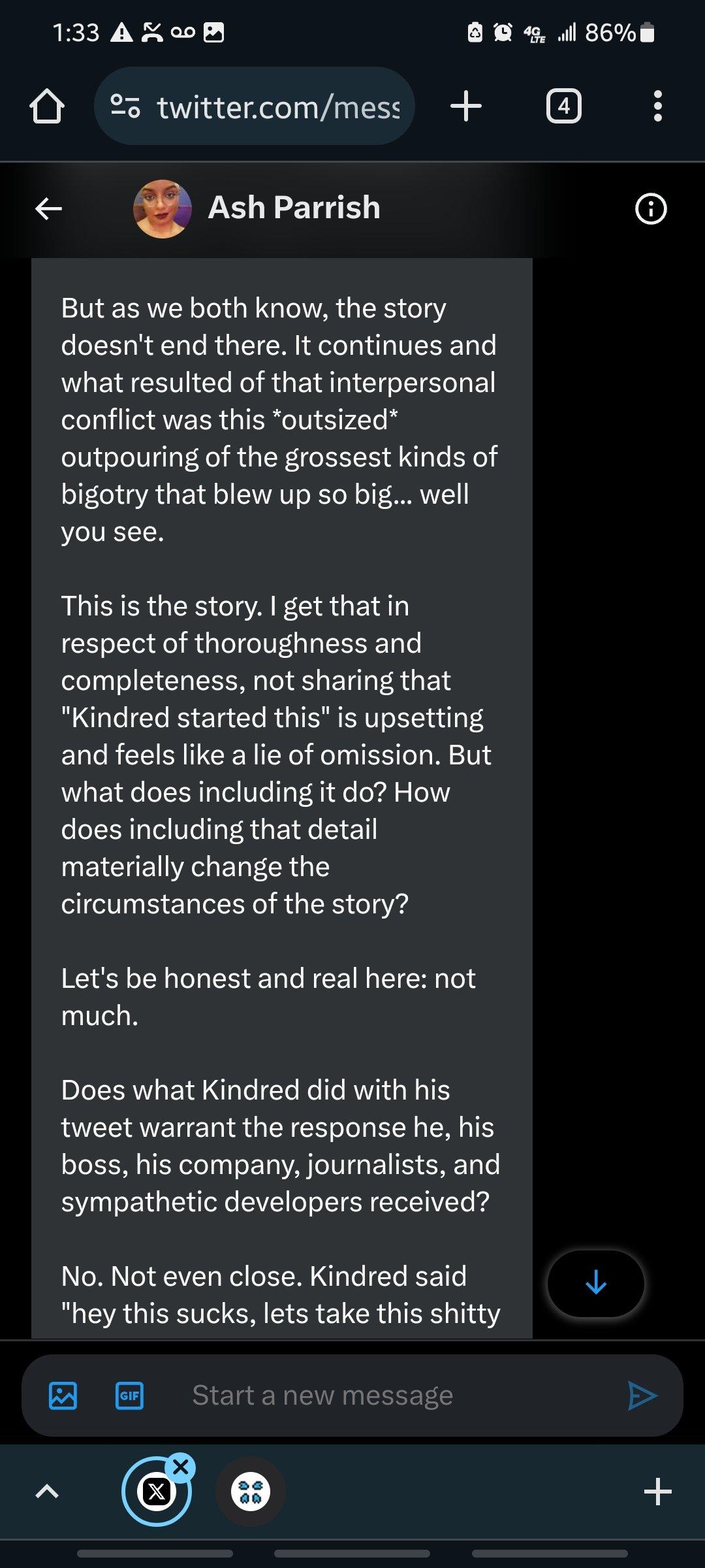 The Verge's Ash Parrish explains to @YourReadThisWR1 her reason for omitting Chris Kindred's involvement in the Sweet Baby Inc. discourse