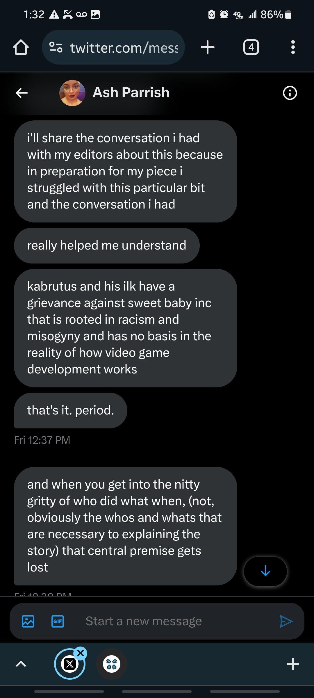 The Verge's Ash Parrish explains to @YourReadThisWR1 her reason for omitting Chris Kindred's involvement in the Sweet Baby Inc. discourse