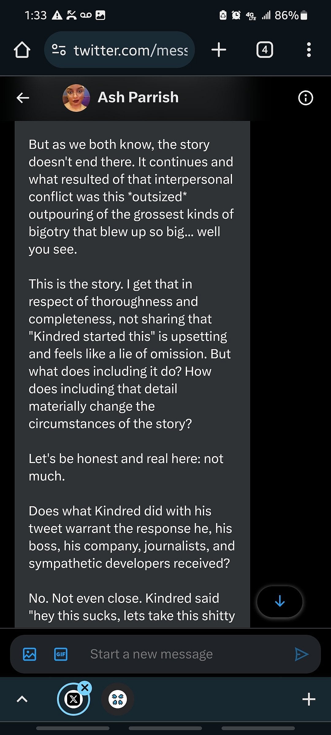 The Verge's Ash Parrish explains to @YourReadThisWR1 her reason for omitting Chris Kindred's involvement in the Sweet Baby Inc. discourse