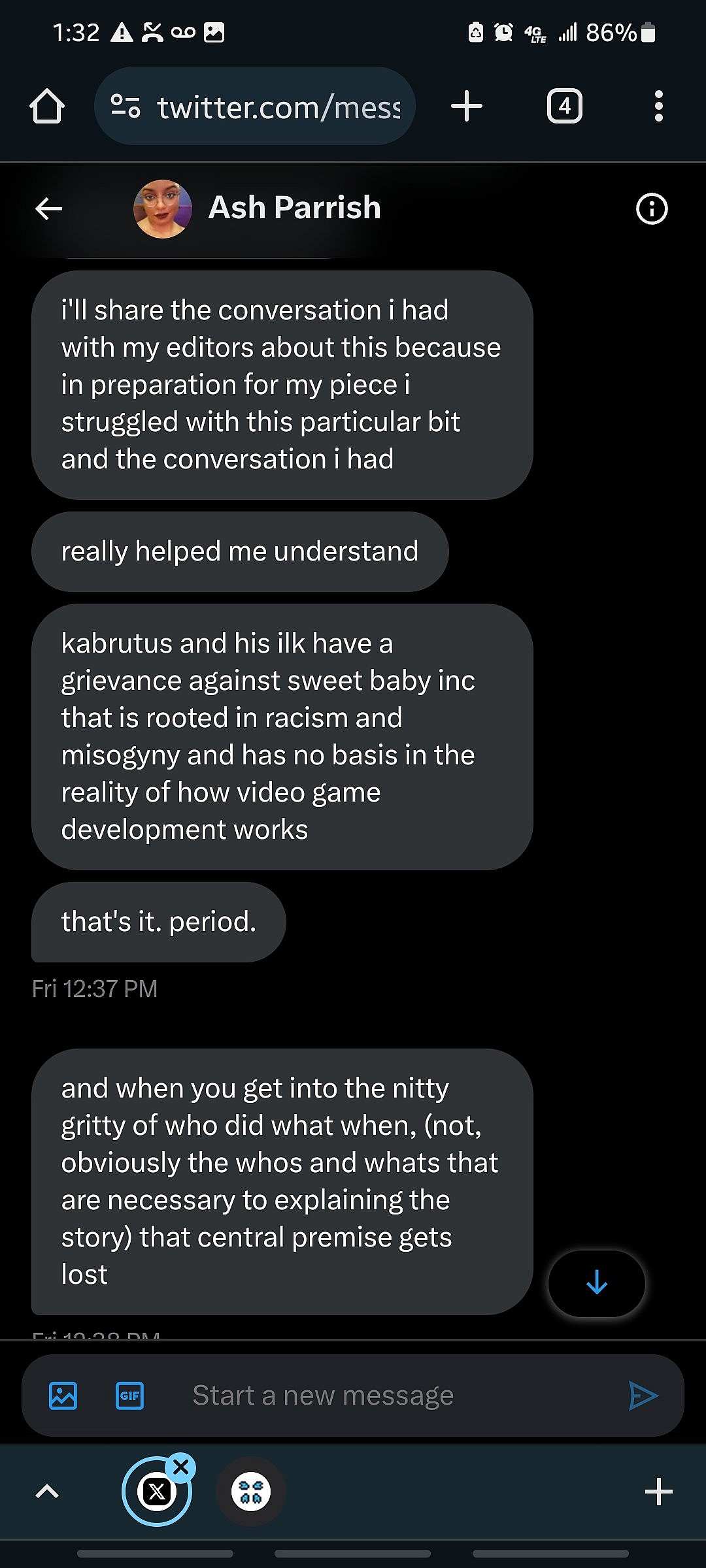 The Verge's Ash Parrish explains to @YourReadThisWR1 her reason for omitting Chris Kindred's involvement in the Sweet Baby Inc. discourse