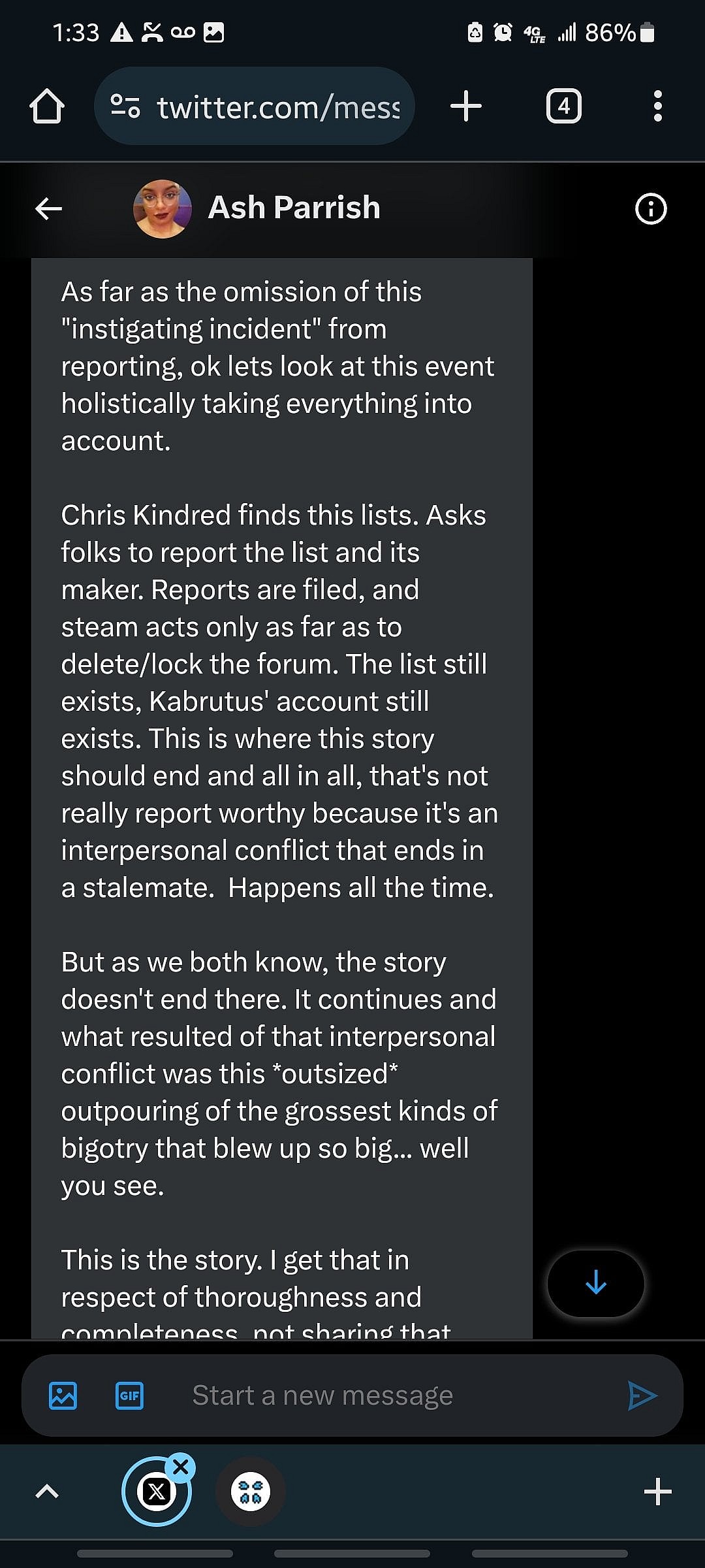 The Verge's Ash Parrish explains to @YourReadThisWR1 her reason for omitting Chris Kindred's involvement in the Sweet Baby Inc. discourse