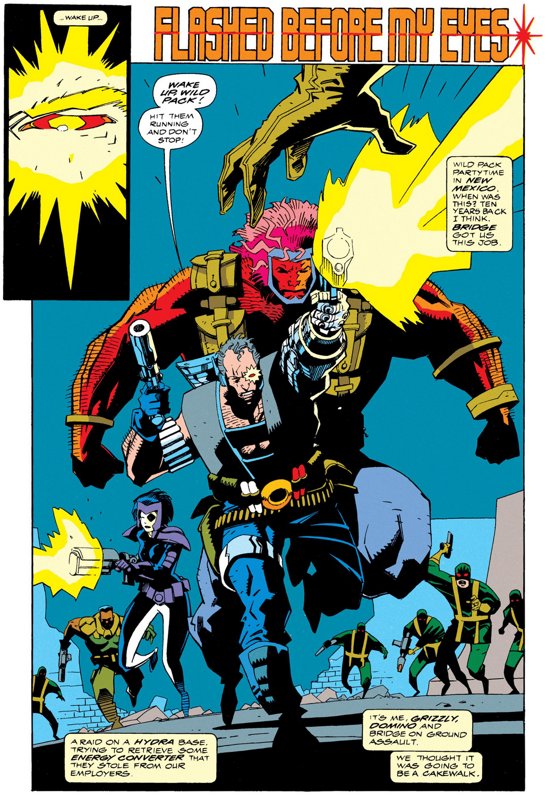 Cable leads the Wild Pack into battle in X-Force Vol. 1 #8 (1992), Marvel Comics. Words by Fabian Nicieza and Rob Liefeld, art by Rob Liefeld, Mike Mignola, Bob Wiacek, Steve Buccellato, and Chris Eliopoulos.