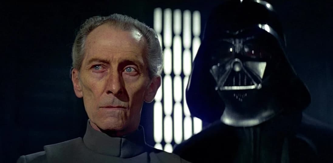 Grand Moff Tarkin (Peter Cushing) and Darth Vader (David Prowse/James Earl Jones) suspect the Rebels will soon attack the Death Star in Star Wars - Episode IV: A New Hope (1977), Lucasfilm
